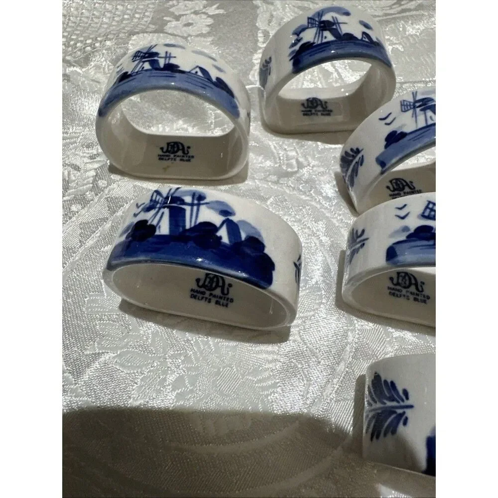 Vintage Blue Elseva Delft Napkin Rings, Set of 6